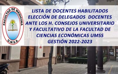 Listas de Docentes Habilitados, Elección de Delegados Docentes Ante los H. Consejos Universitario y Facultativo de la Facultad de Ciencias Económicas UMSS Gestión 2022-2023